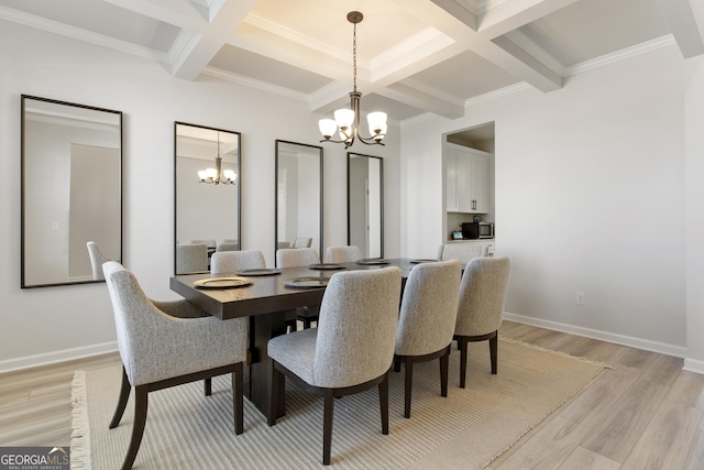 dining area with an inviting chandelier, light wood finished floors, and beam ceiling