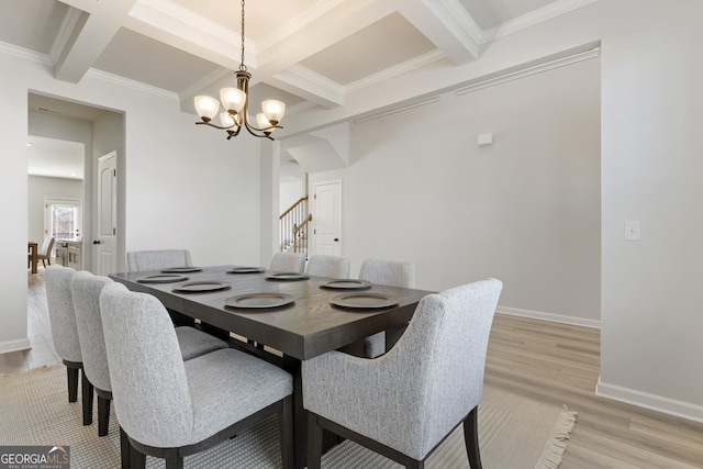 dining area featuring an inviting chandelier, light wood-type flooring, coffered ceiling, beamed ceiling, and baseboards