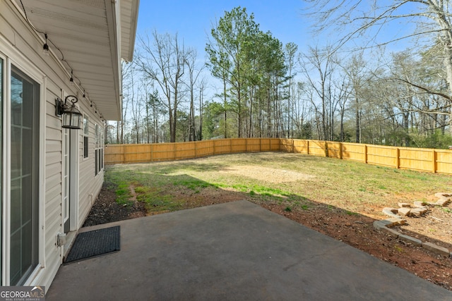 view of yard with a fenced backyard and a patio