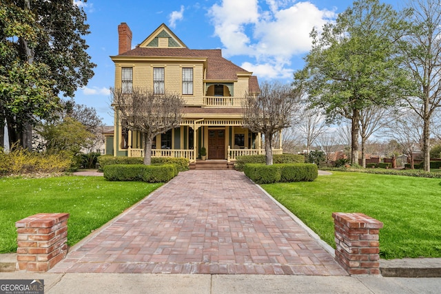 victorian house with a balcony, a chimney, a porch, and a front yard