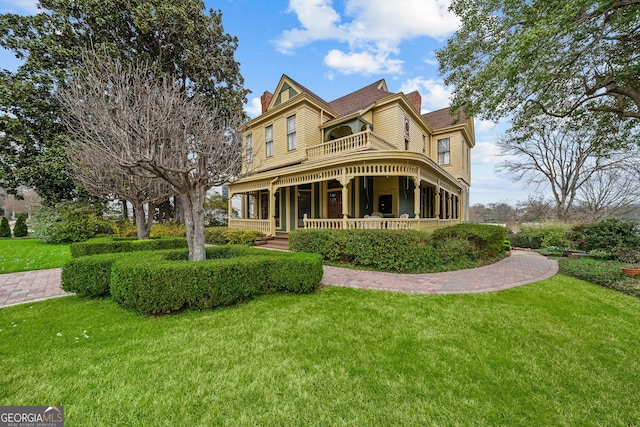 view of front of house with a porch, a chimney, and a front yard