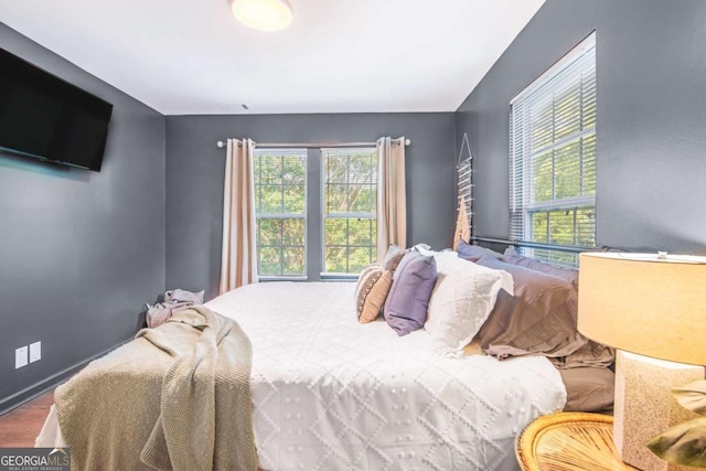 bedroom featuring multiple windows, baseboards, and wood finished floors