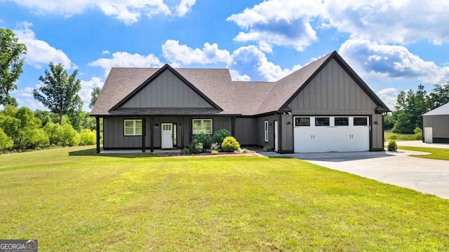 modern inspired farmhouse featuring a garage, a shingled roof, driveway, a front lawn, and board and batten siding