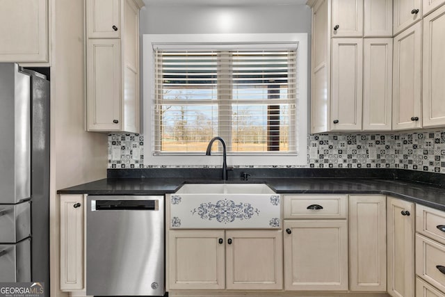 kitchen with stainless steel appliances, dark countertops, a sink, and a wealth of natural light