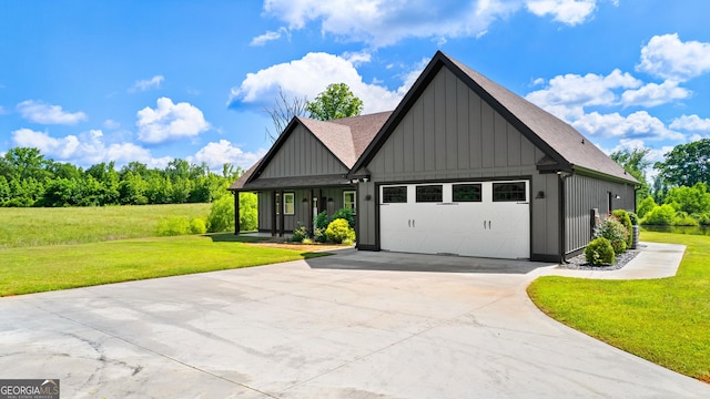 modern inspired farmhouse featuring roof with shingles, board and batten siding, a garage, driveway, and a front lawn