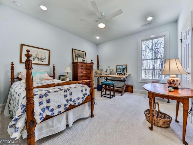 bedroom featuring ceiling fan, recessed lighting, visible vents, baseboards, and carpet