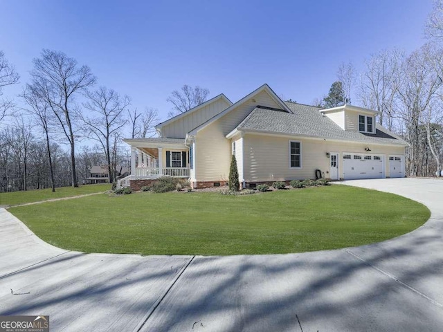 view of front of property featuring covered porch, a shingled roof, concrete driveway, crawl space, and a front lawn