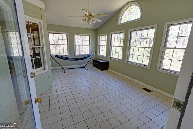 unfurnished sunroom featuring lofted ceiling, ceiling fan, and visible vents