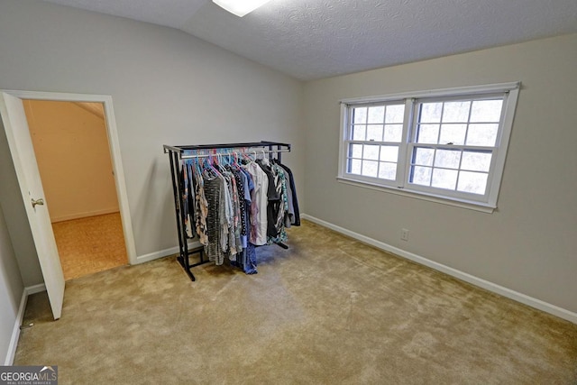 interior space with lofted ceiling, carpet, baseboards, and a textured ceiling