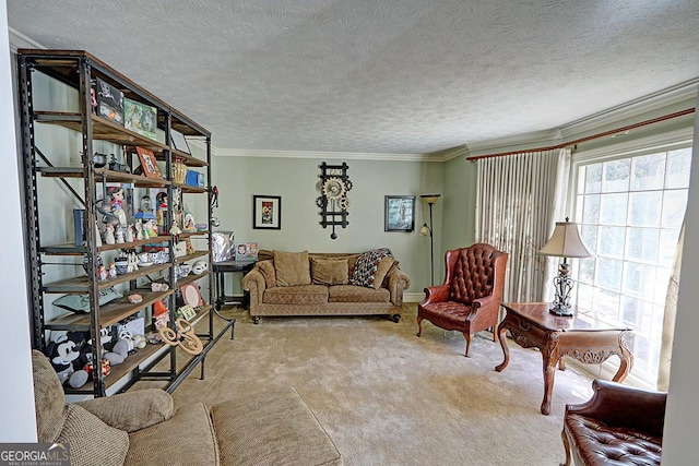 living area with a textured ceiling, carpet, and crown molding