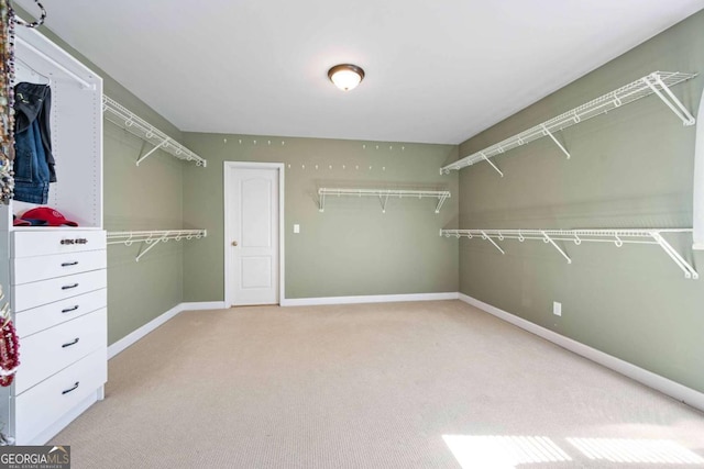 walk in closet with light carpet