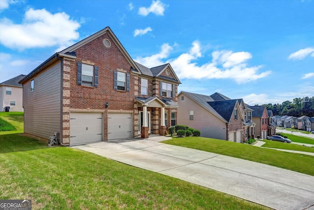 traditional-style home featuring an attached garage, concrete driveway, brick siding, and a front yard