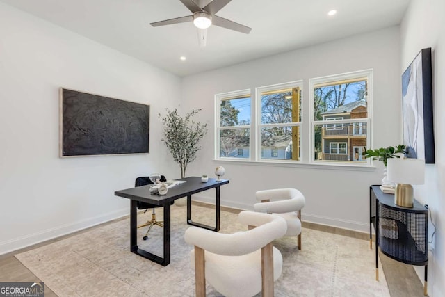 office with a wealth of natural light, baseboards, wood finished floors, and recessed lighting