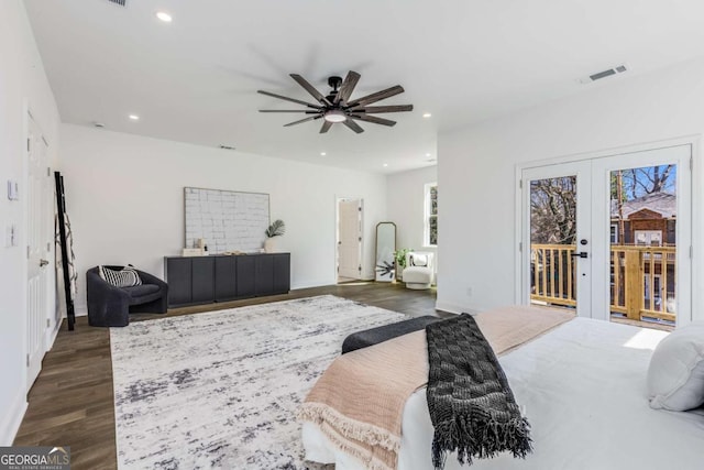 bedroom featuring visible vents, dark wood-type flooring, access to outside, french doors, and recessed lighting