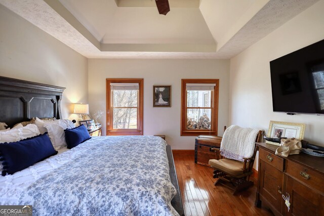 bedroom with multiple windows, a raised ceiling, and light wood-style floors