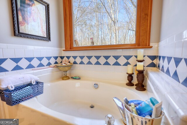 bathroom with a sink, a spacious closet, a bath, and double vanity