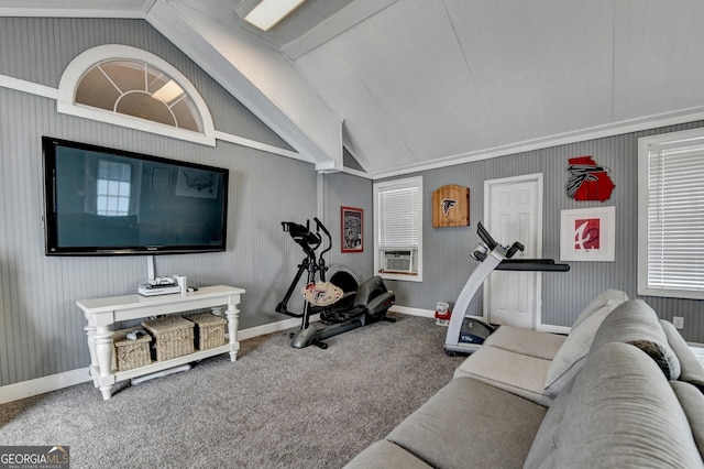 workout area featuring baseboards, cooling unit, vaulted ceiling, and carpet flooring