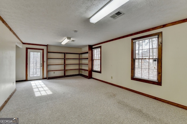 empty room with carpet, visible vents, and a wealth of natural light