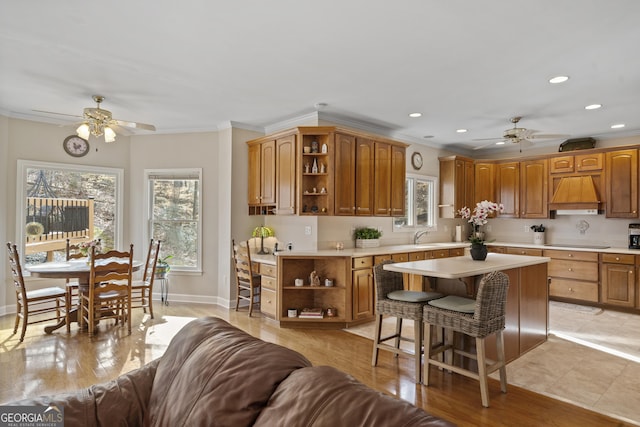 kitchen with black electric cooktop, a kitchen bar, open shelves, and light countertops