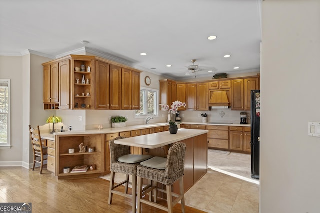 kitchen featuring light countertops, crown molding, premium range hood, open shelves, and a sink