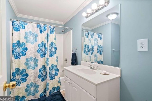 full bath with shower / bathtub combination with curtain, ornamental molding, and vanity