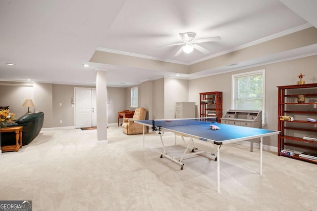 rec room with baseboards, a ceiling fan, crown molding, carpet flooring, and recessed lighting