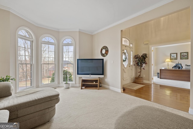 living room with baseboards, carpet, wood finished floors, and crown molding