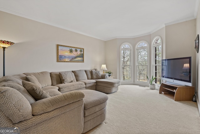 living room with carpet floors and ornamental molding