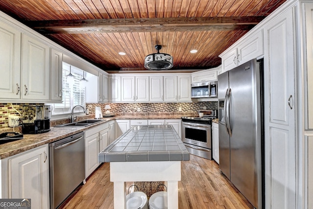 kitchen with stainless steel appliances, white cabinetry, a sink, and tile countertops