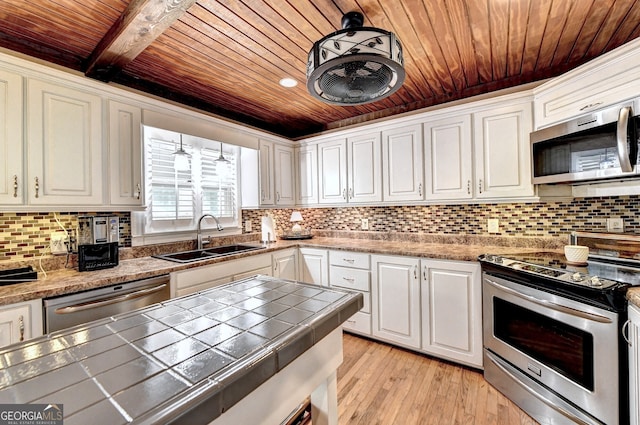 kitchen with wooden ceiling, appliances with stainless steel finishes, white cabinets, and a sink