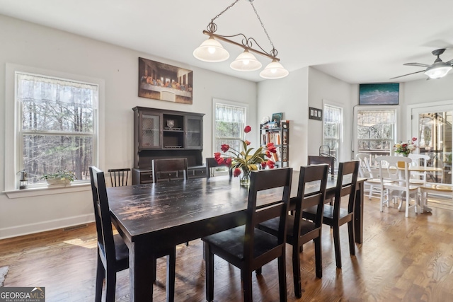 dining room featuring a ceiling fan, wood finished floors, visible vents, and baseboards