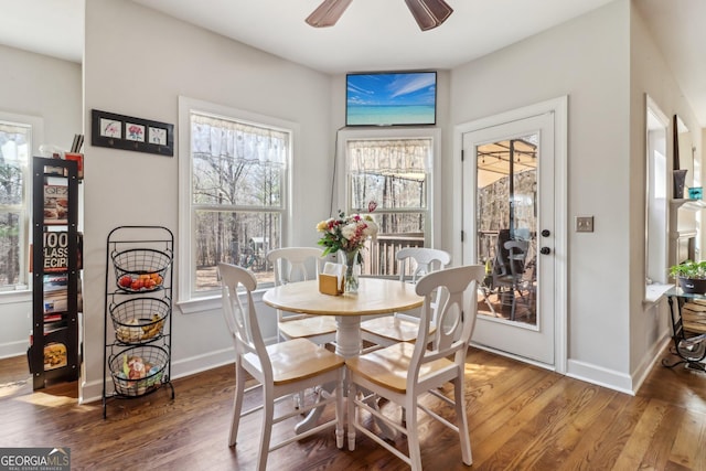 dining area with a ceiling fan, baseboards, and wood finished floors