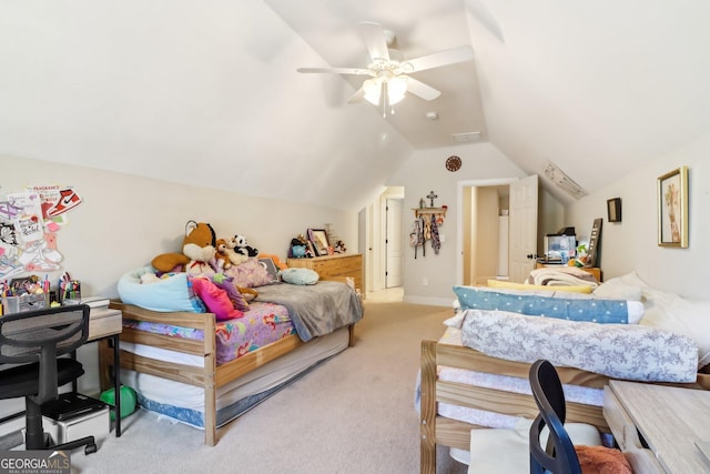 bedroom with vaulted ceiling, a ceiling fan, and light colored carpet