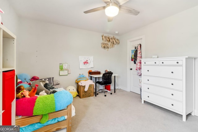 bedroom featuring light carpet and ceiling fan