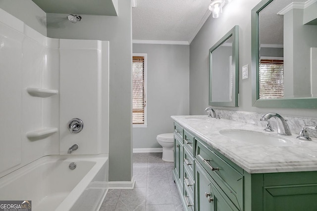 full bath featuring a textured ceiling, ornamental molding, and a sink