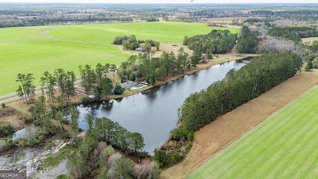 bird's eye view with a rural view and a water view