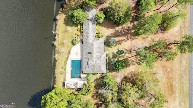 drone / aerial view featuring a water view