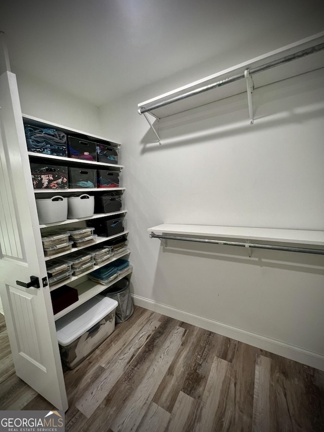 walk in closet with wood finished floors