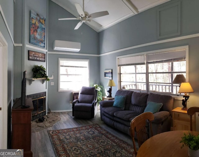 living area featuring high vaulted ceiling, a ceiling fan, a wall mounted AC, wood finished floors, and a glass covered fireplace