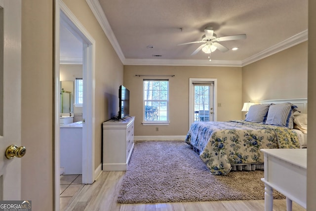 bedroom with baseboards, light wood-style floors, multiple windows, and crown molding