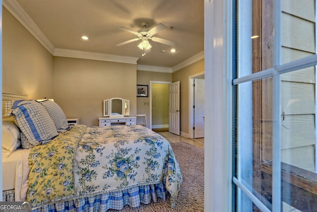 bedroom with baseboards, recessed lighting, a ceiling fan, and crown molding