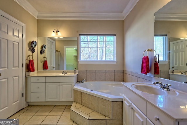 bathroom featuring crown molding, a wealth of natural light, and a sink