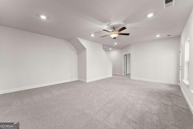 additional living space featuring baseboards, a ceiling fan, visible vents, and recessed lighting