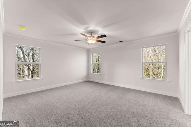 unfurnished room with baseboards, visible vents, ornamental molding, and carpet flooring