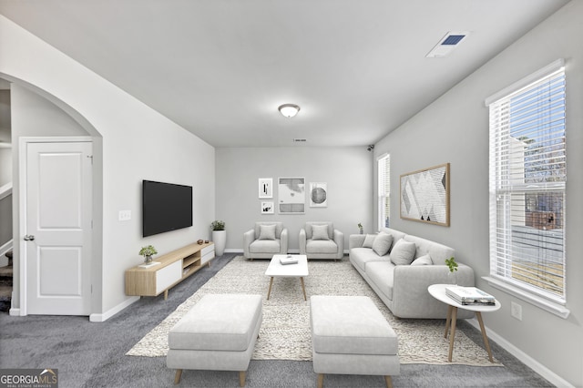 living room with carpet floors, visible vents, plenty of natural light, and baseboards