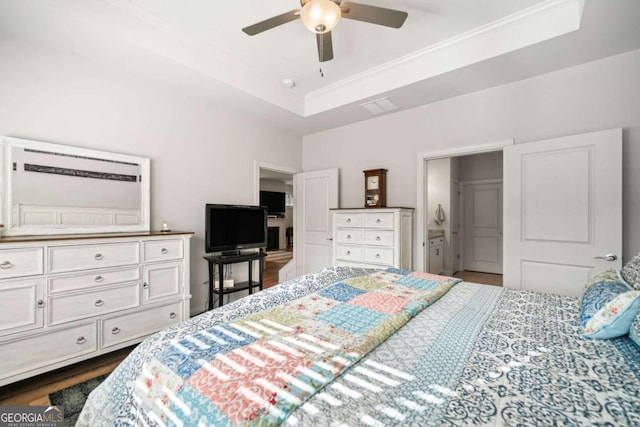 125 Grand Cir, Jasper, GA 30143 - bedroom with a raised ceiling, crown molding, a ceiling fan, and ensuite bathroom