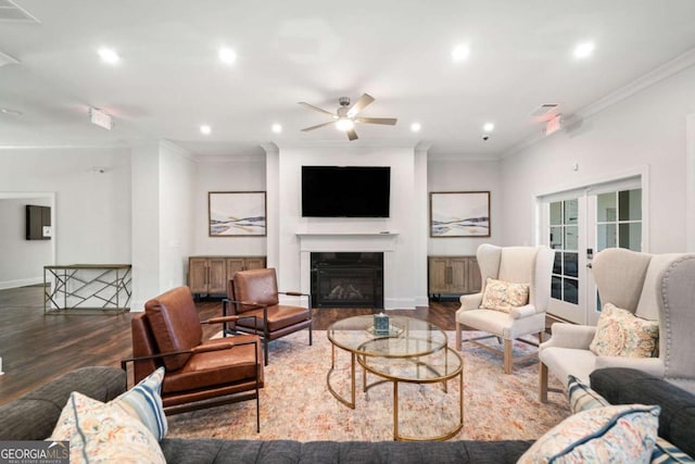 125 Grand Cir, Jasper, GA 30143 - living area with wood finished floors, recessed lighting, crown molding, ceiling fan, and a glass covered fireplace