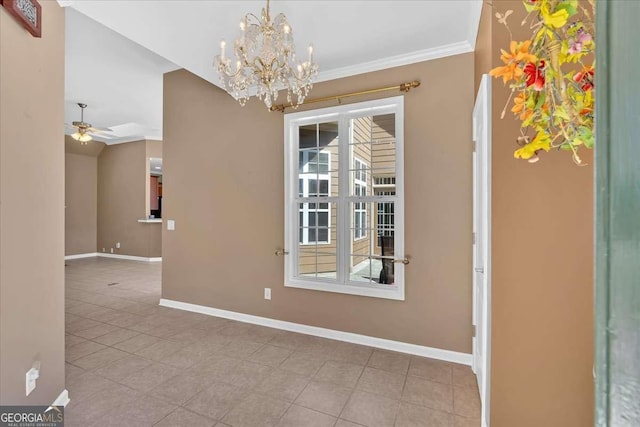 interior space with lofted ceiling, crown molding, baseboards, and ceiling fan with notable chandelier