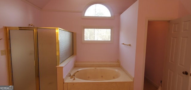 2899 Greystone Cv N, Atlanta, GA 30341 - full bathroom featuring a shower stall, a jetted tub, and lofted ceiling