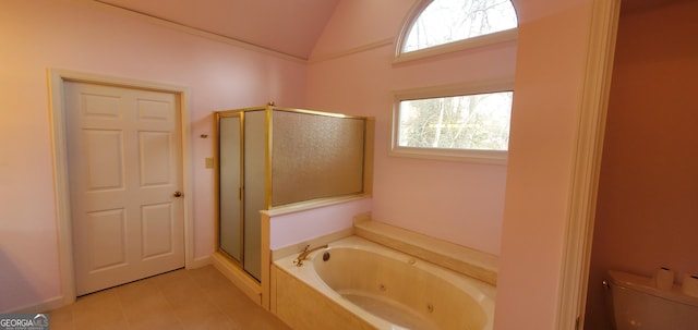 2899 Greystone Cv N, Atlanta, GA 30341 - bathroom with a stall shower, a tub with jets, lofted ceiling, toilet, and tile patterned floors